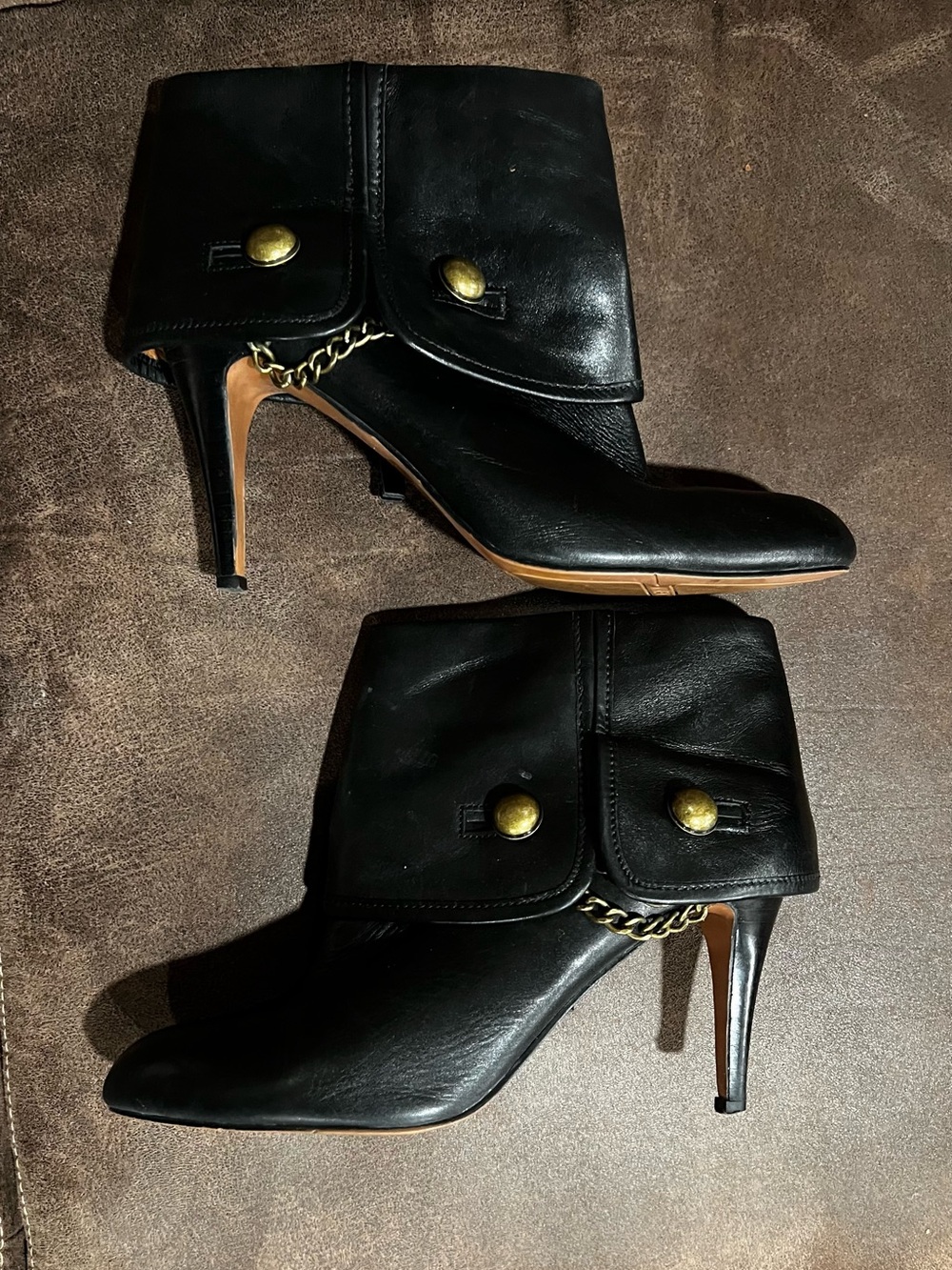 Nine West Black Leather Ankle Boots with Brass Button Accent